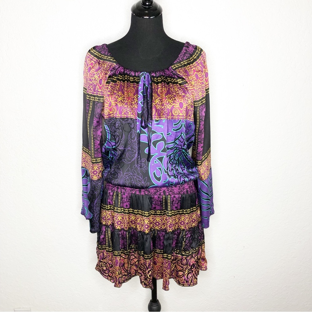 Hale Bob black purple gold mixed floral silk blouson dress size Small